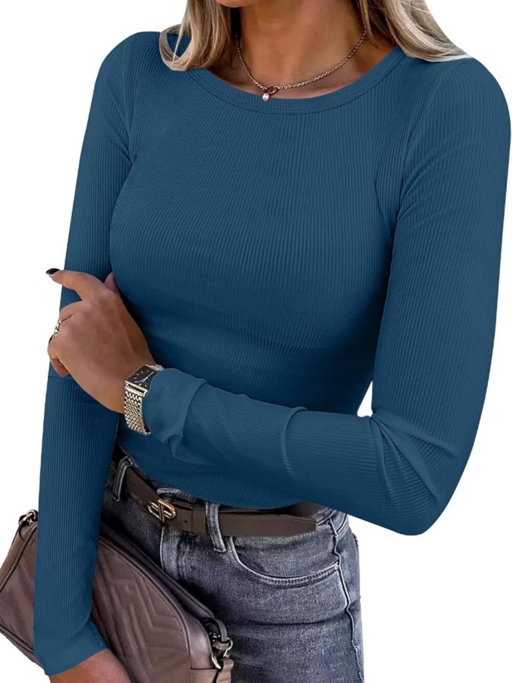 Chic Women's Long Sleeve Ribbed Fitted Tops - Stylish Casual Shirt for Every